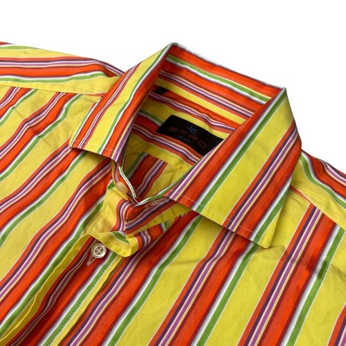 ETRO Men's 100% Cotton Dress Shirt Yellow/Orange/Green Stripe • Italy • Size 42