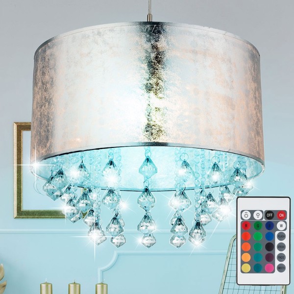Rgb Led Kristall HäNge Lampe Dimmer Fernbedienung Stoff Decken Leuchte Silber-image