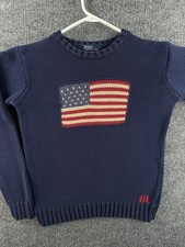 Polo Ralph Lauren BOYS USA Flag Pullover Blue Knit Sweater XL Cotton Crew Neck