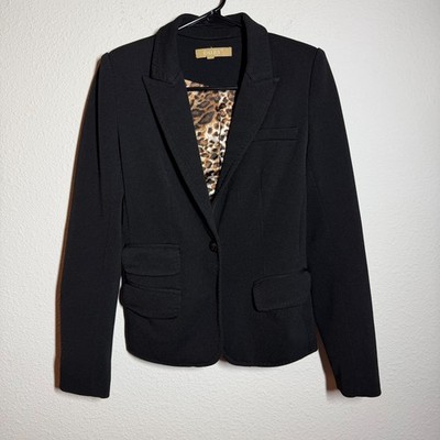 Osley Blazer Jacket Womens Black Inner Leopard Print Elbow Patches Peak Lapel