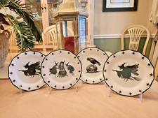 POTTER'S STUDIO HALLOWEEN 3 WITCHES APPETIZER PLATES SET OF 4 CAULDRON RAVEN