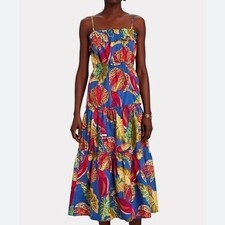 Farm Rio Blue Tropical Bird Print Smocked Tiered Midi Dress Boho NWT M