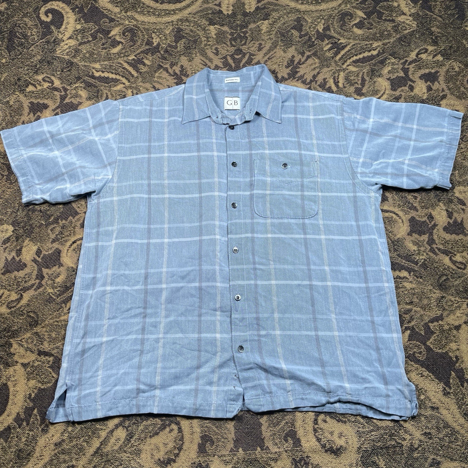 Geoffrey Beene, Vtg 90s Geoffrey Beene Plaid Button Up Shirt Weathered Twill Men's Size Large