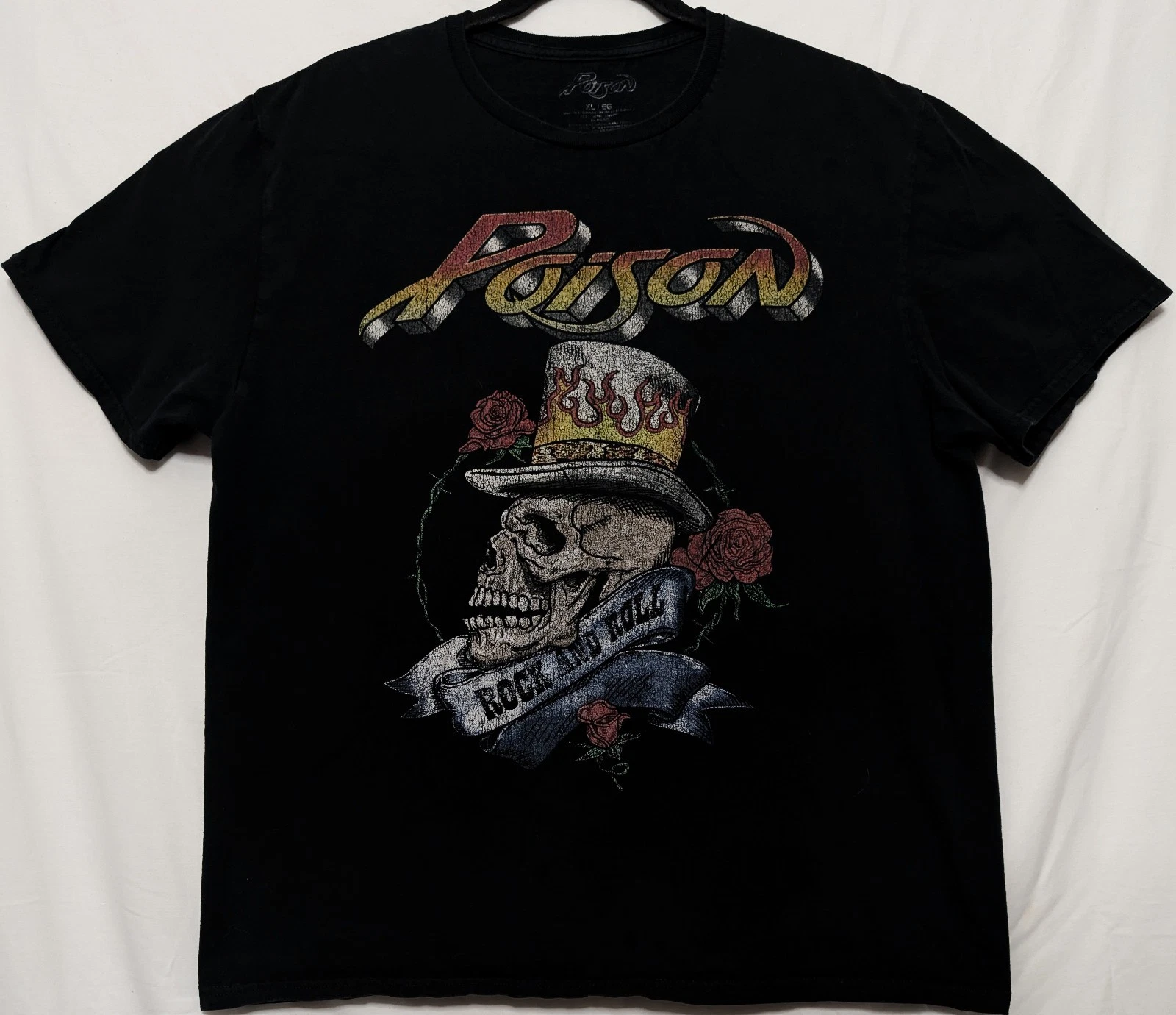 Poison Rock And Roll XL Black Band Tee Shirt 22.5" W X 27.5" L Skull Top Hat