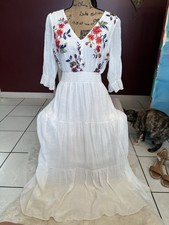 Kings Road White Floral Embroidered Long A-Line Puff Sleeve V-Neck Dress L