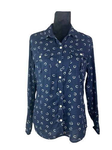 Lucky Brand Size M Navy Blue Horse Shoe Print Equestrian Button Up Top - Picture 1 of 10