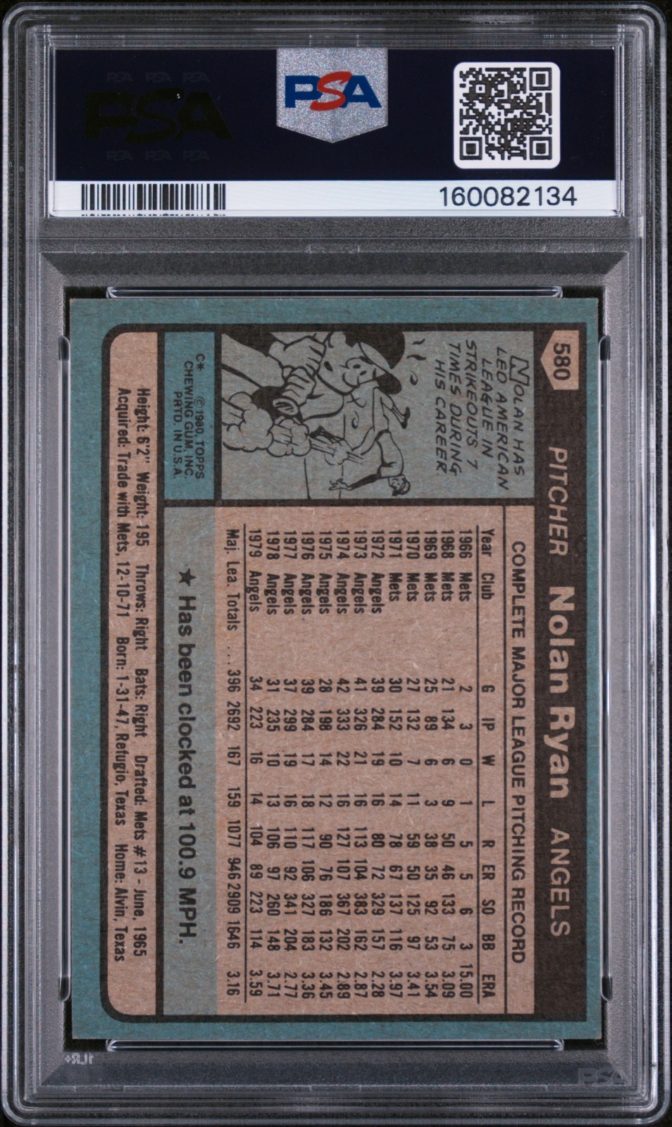 1980 Topps Nolan Ryan #580 PSA 8 NM-MT LA Angels HoF All-Time Strikeout Leader view 2