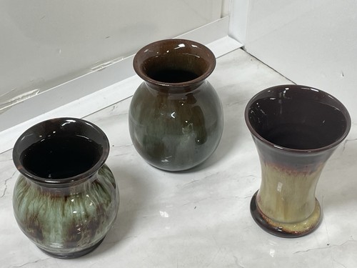 Ewenni Pottery Vases x 3 Brown / Green Mottled Pattern Welsh Pottery Hand Made - Afbeelding 2 van 13
