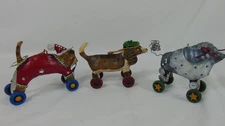 Rustic Painted Tin Christmas Ornament Dog Cat On Wheels Primitive Lot 3 Sheep