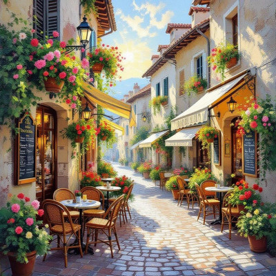 Street Cafe Narrow Cobblestone Sunrise Bright Flowers Day Art Print B 24 x 24 in