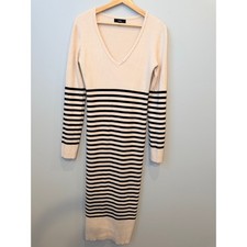 Lulus Upgraded Comfort Cream & Black Striped Ribbed Midi Sweater Dress Medium