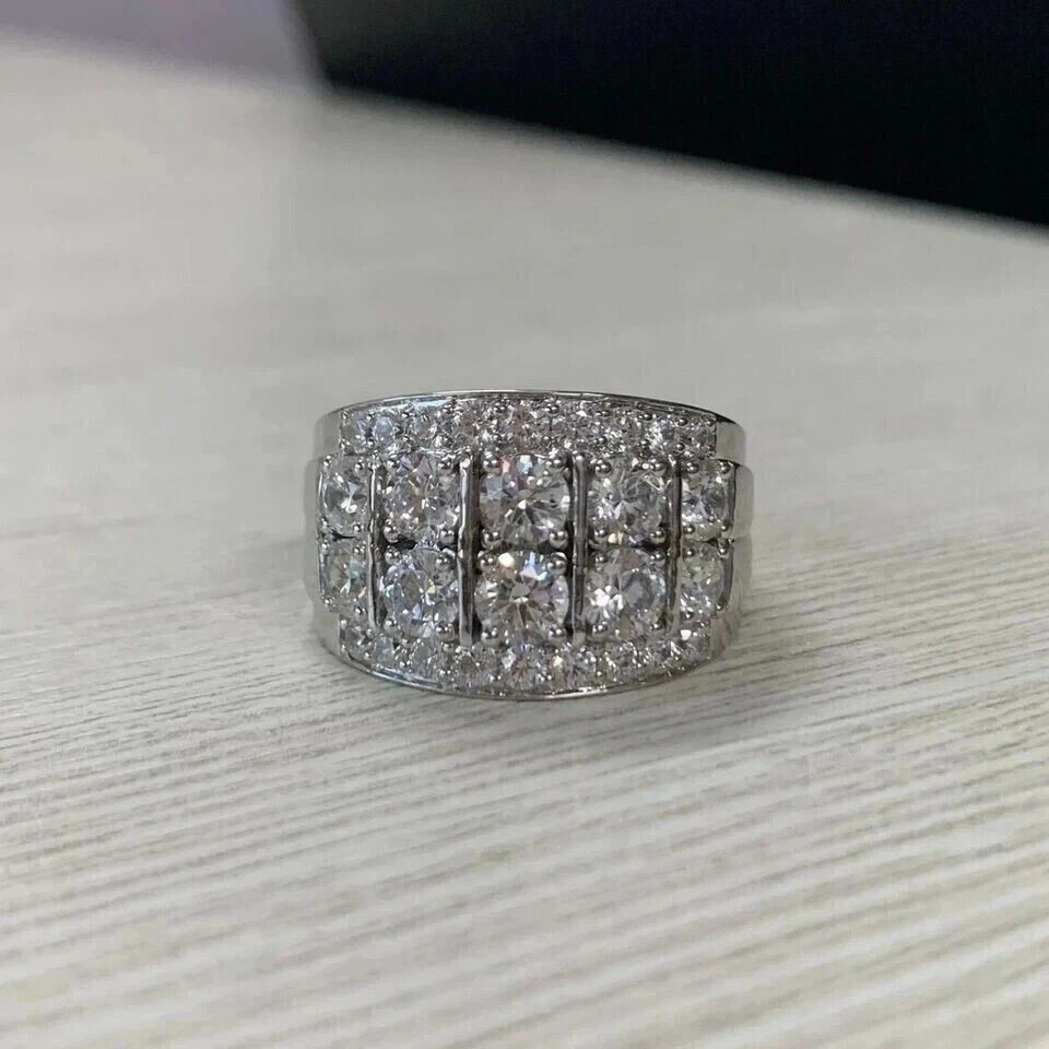 2.50 Ct Round Cut Real Moissanite Cluster Wedding Ring 14K White Gold Plated