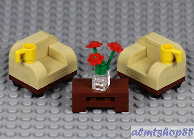 LEGO - 2x Tan Sofa Chair w/ Coffee Table Mugs Flower Vase Minifigure Furniture
