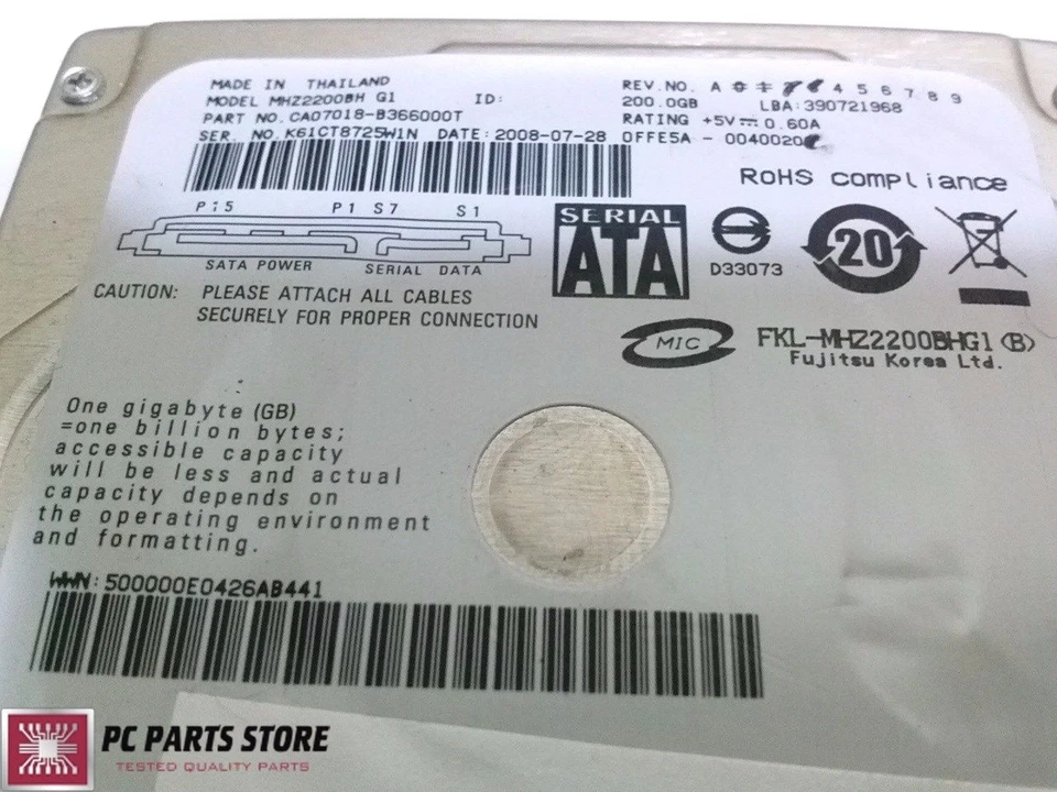 Fujitsu 200GB SATA 2.5" MHZ2200BH G1 CA07018-B366000T CA21344-B81X FOR PCB PARTS - Image 3 of 4