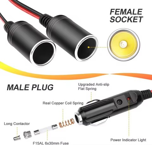 Enchufe divisor ligero de cigarrillo de coche 2 vías con adaptador de fusible en línea 15A - Imagen 3 de 10