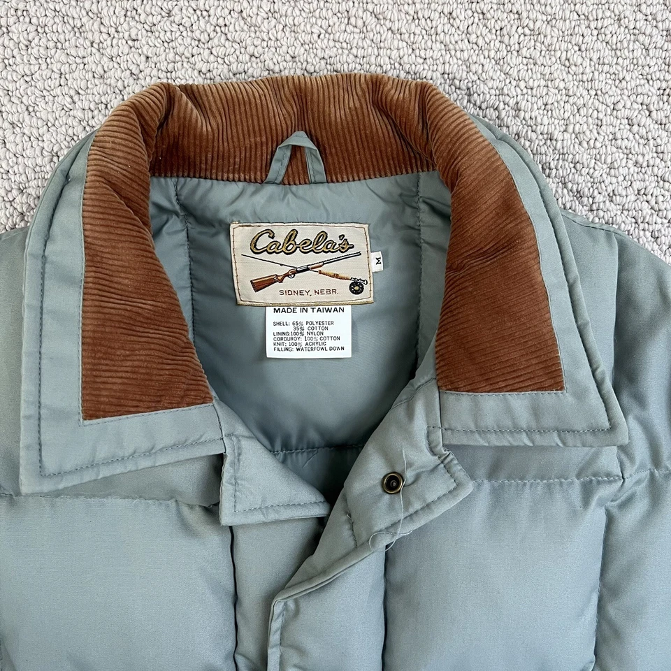 复古 Cabelas Down Puffer 大衣 Mars Sage 绿色蓬松夹克灯芯绒装饰 — 第 3/4 张图片