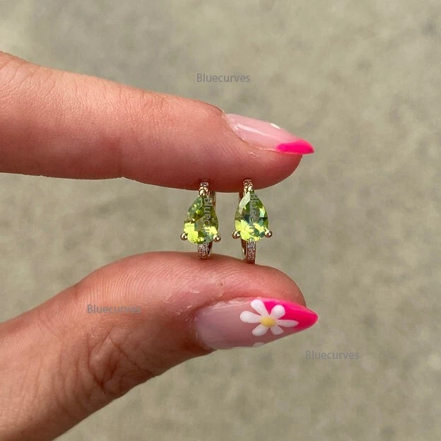 New Pear Cut Real Peridot & Natural Diamond 14K Yellow Gold Hoop Huggie Earrings - Image 3 of 4