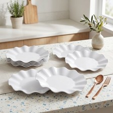 White 16cm Melamine Round Plates Set of 6 with Glossy Finish and Wave Rim