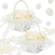 2 PCS Wedding Flower Girl Basket Pearl Handle White Lace Satin 300 Petals