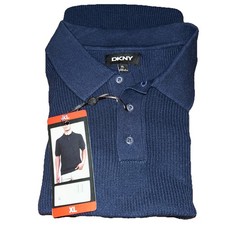 DKNY Sweater Polo Shirt Mens X-Large Blue Cotton Short Sleeve Ribbed Knit NWT