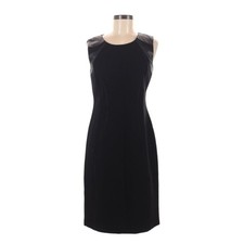 Elie Tahari Black Sheath Dress 6 Leather Trim Sleeveless Fitted Midi Classic LBD