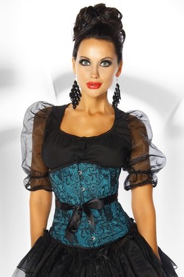 Damen 12304 Corsage petrol/schwarz Brokat Korsett im Burlesque Stil