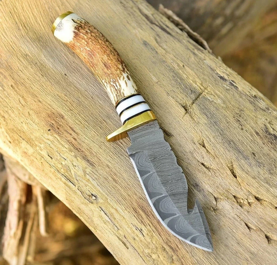 LOT OF 4 Knives DAMASCUS STEEL KNIFE STAG ANTLER HANDLE GUT HOOK - BRASS GUARD - Image 2 of 4