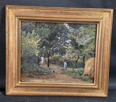 Tableau huile Fermière Basse Cour Poules signé Georges Hugues Merle XIXème - Photo 1/4