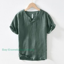 Men 100 Linen T-shirt V Neck Summer Short Sleeves Retro Tops Casual Undershirt