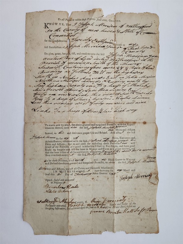 1795 antique DEED LAND SAW MILL wallingford ct JOSEPH MERRIAM family
