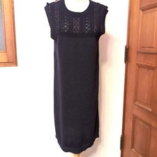 CHANEL Sleeveless Summer Knit Dress Size 40 94cm Length Navy Lace Detail