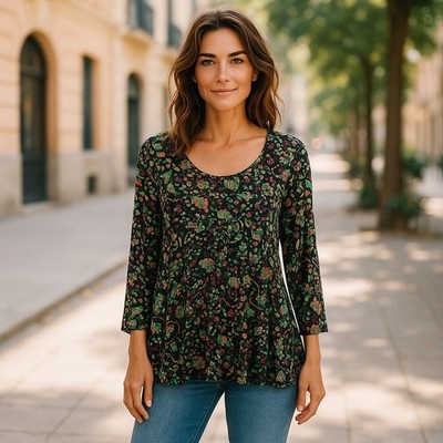 LuLaRoe Womens Top 2X 2XL 22 24 Lynnae Black Green Yellow Orange Floral Tunic