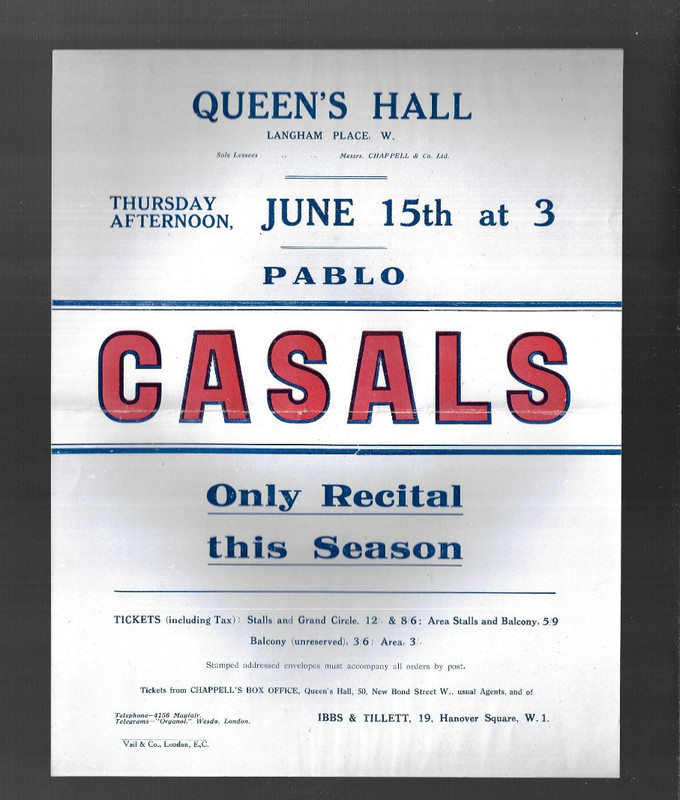 VINTAGE PABLO CASALS FLYER QUEENS HALL LANGHAM PLACE LONDON Thur Aft June 1930s