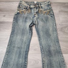 Cache Embellished Flare Jeans Size 4 Low Rise Y2K Beaded Blue Wash Denim Bootleg