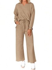Women's Textured Lounge Set With Long Sleeve Pullover And Wide-Leg Pants