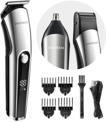 PRITECH 3-in-1 Beard Trimmer Kit Men Cordless Nose Ear Shaver IPX6 Silver