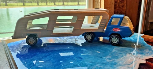 VINTAGE 1970's Tonka Motor Mover 18" Blue Car Hauler Pressed Steel MADE In USA