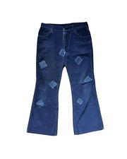 Vintage Corduroy Patchwork Pants Blue Bell Bottom USA Made 32x30