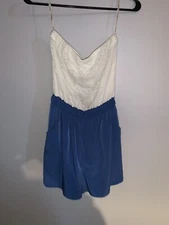 Forever 21 White Lace Blue Bottom Romper Size Small With Pockets
