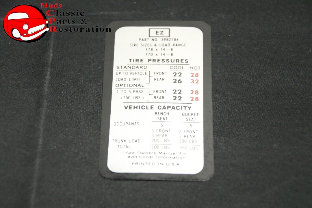 70 Chevelle Door Jamb Tire Pressure Decal GM Part EZ 3982184 eBay