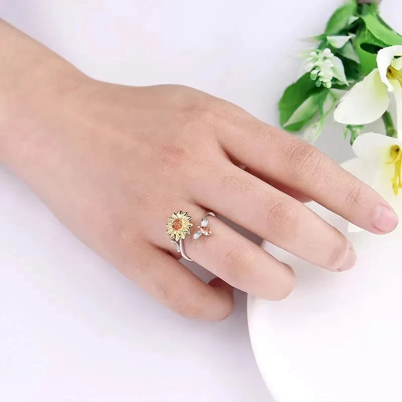 Damen Ring Sonnenblume Biene drehbar 925 Silber versilbert verstellbar Zirkonia - Bild 3 von 4
