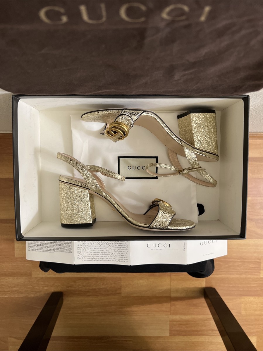 GUCCI Sexy Metallic Laminate Leather Mid Heel Sandal Double