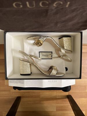 GUCCI Sexy Metallic Laminate Leather Mid Heel Sandal Double US