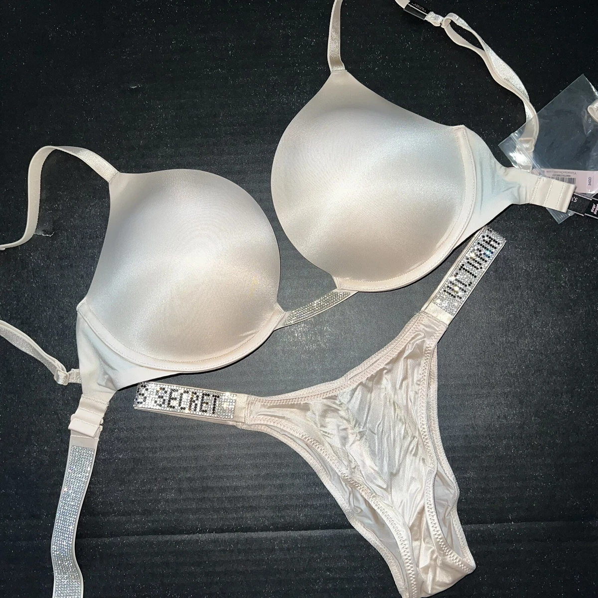 Victoria's Secret 36D BRA SET S panty beige SHINE STRAP plunge convertible