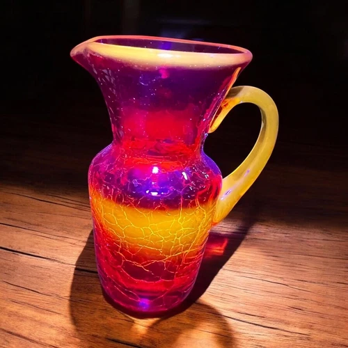 Vintage Blenko MCM Amberina UV Reactive Crackle Glass Pitcher