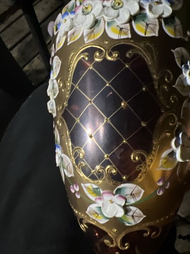 Gorgeous Large Bohemian Gilded 24K Czech Enamel Hand Cut Pink Crystal Vase 10” - Picture 17 of 24