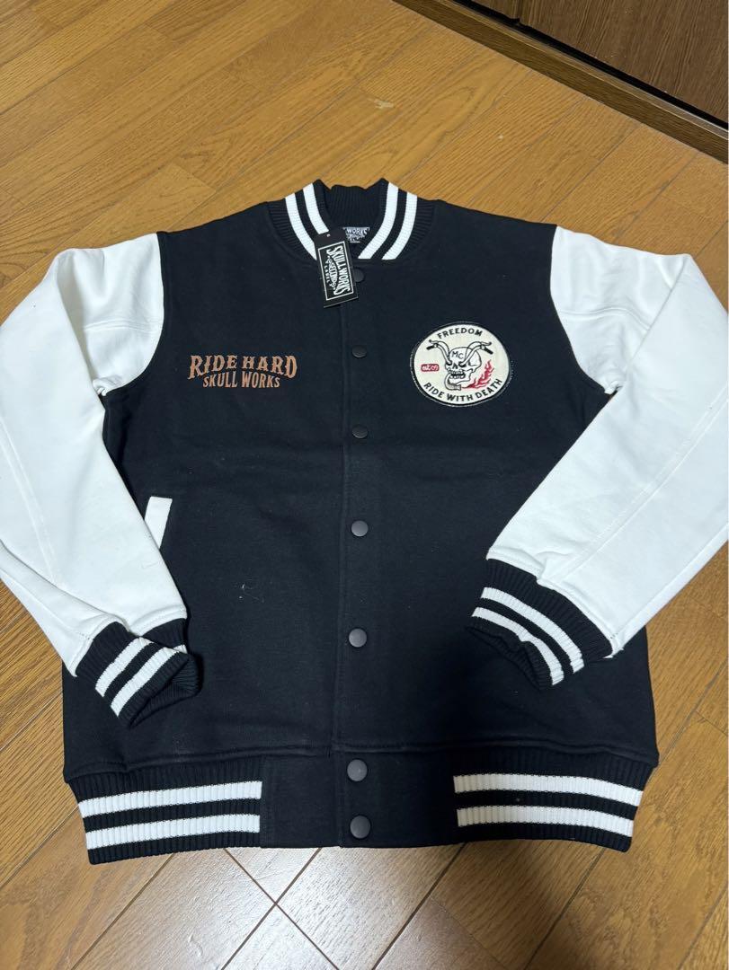 SKULL WORKS Stadium Jacket Size S Black/White Cotton Blend New