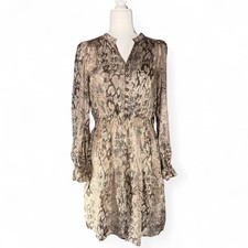 Anthropologie Aryn K 100% Silk Puff Sleeve Python Snakeskin Smocked Dress S ASO