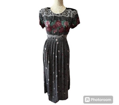 Vintage 90s Justin Thyme Floral Lace Print Maxi Dress Size 6 Grunge Whimsigoth