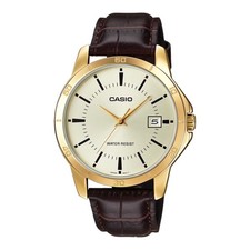 Casio Men s Gold Tone Analog Watch with Brown Leather Strap - MTP-V004GL-9AUDF